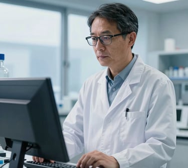 Portrait of a male researcher in his late 40s wearing a laboratory coat and glasses, standing in a bright, modern laboratory with blue-tinted windows. He is looking thoughtfully at a digital screen.