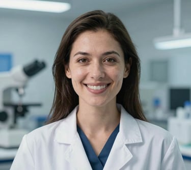 Professional headshot of a female laboratory director in her 30s, smiling confidently. She is in a high-tech environment with soft blue lighting and blurred scientific equipment in the background.
