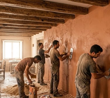 Professional construction workers applying terracotta plaster to a wall in a rustic room with wooden beams.