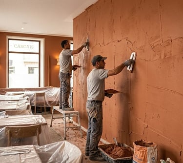 Professional contractors apply plaster to the wall of a restaurant during a renovation.