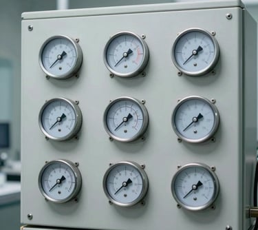 A high-end vacuum chamber control panel showing temperature and pressure readings in a sterile environment.