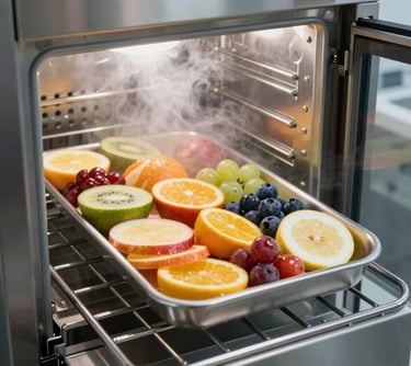 A tray of colorful fruit slices entering a high-tech stainless steel flash-freezing chamber with visible cold mist.