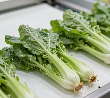 A close-up of fresh, dew-covered vegetables being sorted on a clean white conveyor belt under bright, professional lighting.