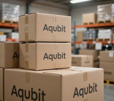 Finished Aqubit branded packages being expertly stacked into export boxes in a bright, modern warehouse.