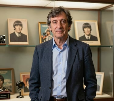 A professional portrait of a museum curator in a smart-casual South American style, standing in front of a glass display case containing vintage Beatles memorabilia.