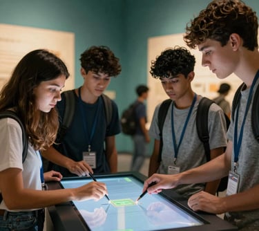 A detailed shot of a group of students interacting with a touchscreen educational display in a museum with soft teal and gold ambient lighting.