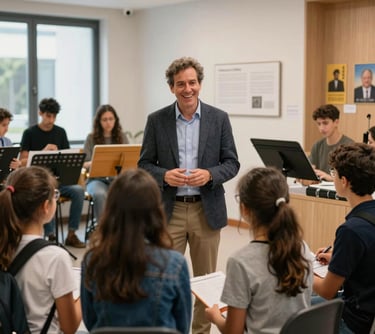 A photography of a smiling educator guiding a group of students through a music museum, captured in a bright, modern Argentine educational setting.