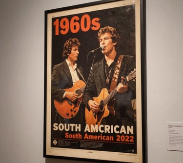 A close-up photograph of a vintage 1960s concert poster on a gallery wall with elegant lighting in a South American museum.