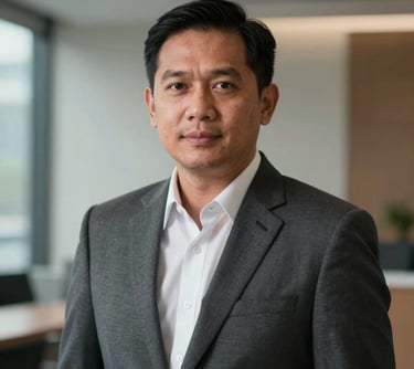 Portrait of a Southeast Asian / Indonesian man in a tailored suit, looking professional and approachable. He is in a modern corporate setting, representing career coaching and strategic planning.