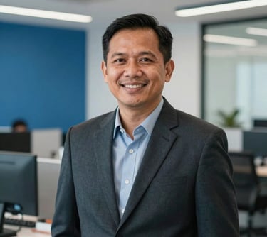 Portrait of a Southeast Asian / Indonesian male professional with a confident smile. Background is a modern office interior with professional blue and white accents, representing operations and efficiency.