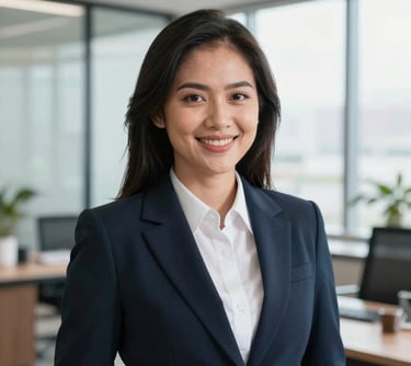 Portrait of a Southeast Asian / Indonesian woman in professional business attire, smiling confidently. She is in a bright, modern office with soft daylight, representing leadership and legal expertise.