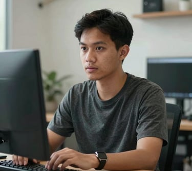 Portrait of a young Southeast Asian / Indonesian male digital expert in a creative workspace. He has a focused expression, representing digital growth and technical innovation.
