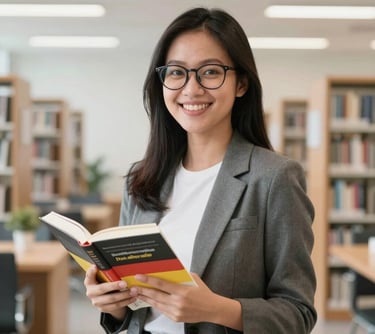 A professional portrait of a young Southeast Asian / Indonesian woman wearing glasses and a smart casual outfit. She is holding a German textbook and smiling brightly. The background is a clean, minimalist library or study area with bright lighting.