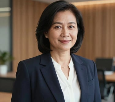 A professional portrait of a Southeast Asian / Indonesian woman in her late 40s, wearing a dark navy blazer and white blouse. She has a confident and welcoming expression. The background is a soft-focus modern office interior with warm wood textures.