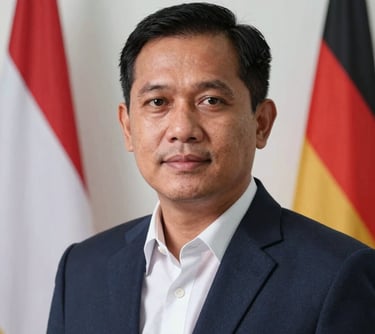 A professional headshot of a Southeast Asian / Indonesian man in business attire, looking knowledgeable and approachable. He is standing in front of a white wall where a small Indonesian and German flag are subtly visible in the background. High-key lighting, professional photography.