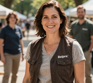 A professional portrait of a woman with a welcoming expression, wearing a casual dark brown vest. She stands in a sunlit outdoor park setting, representing the friendly and trustworthy team behind the Belpre market.