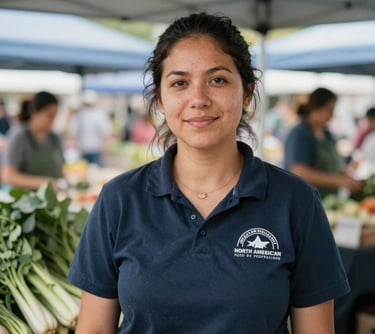 A portrait of a woman standing near a market stall, surrounded by natural elements. She has a bright, approachable look, typical of the community-centric staff at a local North American farmers market.