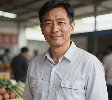 A portrait of a man in his early 40s, wearing a clean work shirt, looking directly at the camera with a confident and kind expression. He is photographed in the natural light of an outdoor market space.