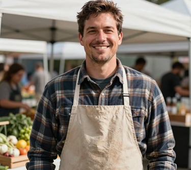 A portrait of a friendly man in a flannel shirt and apron, standing in front of a market stall. He has a warm smile, representing the community-focused leadership of the Belpre market. Natural, outdoor lighting.