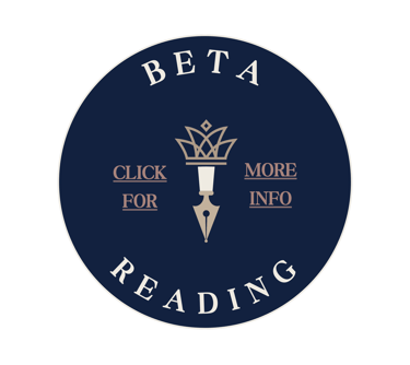 Beta reading logo with fountain pen and crown icon on dark blue circle background.