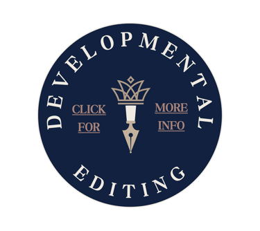 Developmental editing badge with a fountain pen icon and a crown on a navy blue circle.