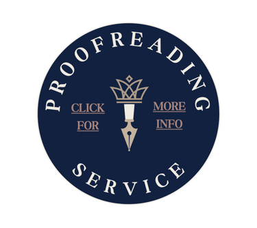 Professional proofreading service logo featuring a fountain pen nib and crown on a blue circle.
