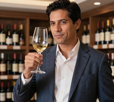 Portrait of a professional South American man holding a wine glass with expertise, dressed in a smart casual style, located in an upscale wine cellar room, warm lighting.