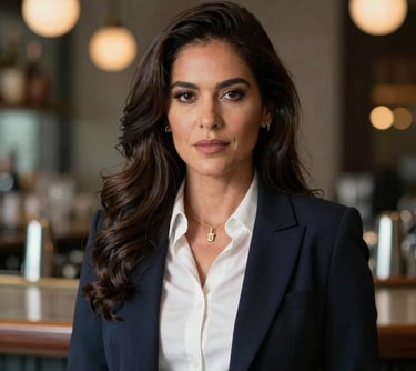 Portrait of a sophisticated South American woman in elegant attire, standing in a contemporary bar environment with soft bokeh lights, professional headshot style.
