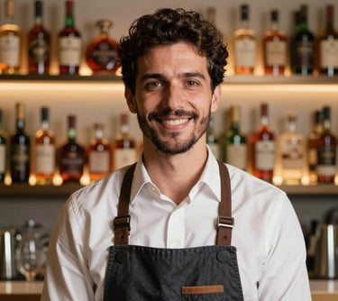 Portrait of a man in professional hospitality attire with a friendly and expert expression, set against a background of backlit shelves with high-end spirits, Brazilian bar context.
