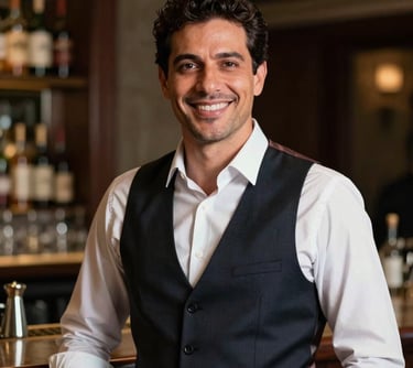 Portrait of a professional man in a tailored dark vest and white shirt, smiling warmly in a sophisticated bar setting in Brazil, soft lighting, professional photography.