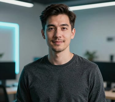 A professional portrait of a creative design lead in a North American setting, with sharp neon cyan lighting accents and a minimalist tech-focused background.