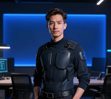A portrait of a tech visionary in a dark room with neon royal blue backlighting, wearing futuristic attire, in a sleek North American office setting.
