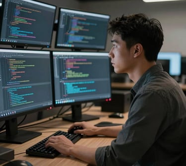 A portrait of a software developer looking into the distance, illuminated by the glow of multiple monitors with lines of code in a North American workspace at night.