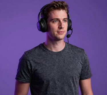 A professional portrait of a content strategist with a modern headset, standing in a studio with soft deep purple ambient lighting and a futuristic aesthetic, North American / US context.