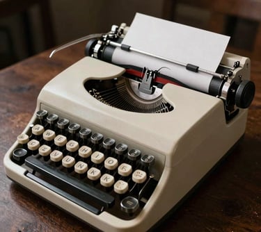 Portrait photography of a vintage typewriter on a dark wooden table, soft light from the side highlighting the mechanical details. Muted cream and dark brown tones, professional and literary style.