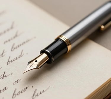 Close-up of an open fountain pen next to a handwritten manuscript. The paper is slightly yellowed, suggesting a classic literary aesthetic. Soft-focus background in taupe and beige.