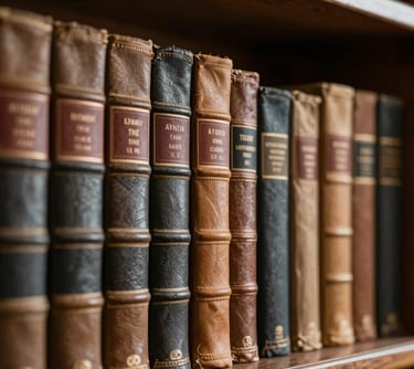 Detailed shot of an old library shelf filled with leather-bound books. The lighting is warm and dramatic, highlighting the texture of the spines. Charcoal and tan color scheme.