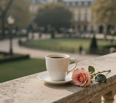 Photography of a simple coffee cup and a single rose on a stone balcony overlooking a European park. Minimalist composition with soft morning light, tan and charcoal tones.