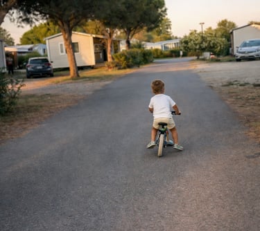 Enfant faisant du vélo en toute sécurité dans les allées du camping Siblu Le Lac des Rêves à Lattes