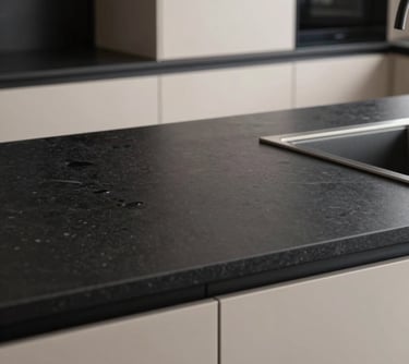 Detail shot of a modern kitchen renovation in Ankara, showcasing a matte black countertop and beige cabinetry with high-end finishes. No people.