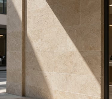 Architectural detail of a textured wall application in a commercial space, showing the interplay of light and shadow on beige stone surfaces. No people.
