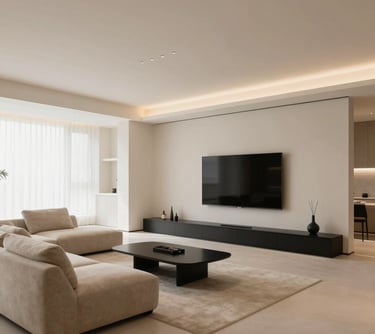 Interior shot of a luxury residence renovation in Ümitköy, Ankara. Minimalist furniture in beige and black, high ceilings, and premium wall finishes. No people.