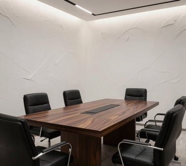 A sophisticated law office meeting room design in Çankaya, Ankara. Dark wood table, white walls with artistic textures, and elegant black chairs. No people.