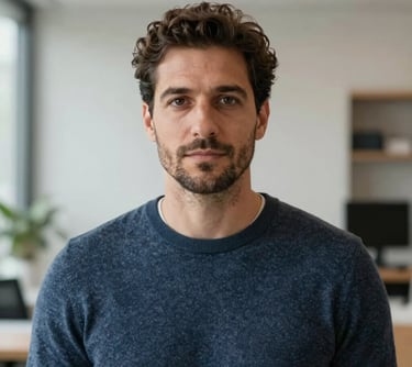 A professional headshot of a man in his late 30s in a Southern European / Italian professional environment, soft lighting, clean composition, wearing a neutral dark slate blue sweater.
