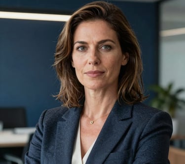 A professional headshot of a woman in her 40s in a Southern European / Italian corporate setting, with a background suggesting a modern office in dark slate blue tones, looking confident and approachable.
