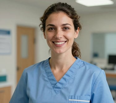 A professional headshot of a smiling woman in her 30s in a Southern European / Italian healthcare training center, wearing a professional uniform in soft sky blue, clean lighting, professional photography style.