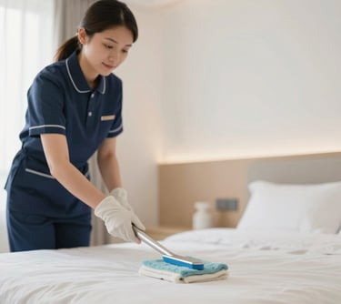 A professional housekeeping staff member cleaning a modern, bright bedroom, emphasizing hygiene and meticulous maintenance with a soft, clean aesthetic.