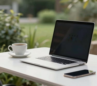 A close-up of the terrace workspace featuring a clean desk, a laptop, and a cup of coffee with a green garden background, illustrating a peaceful work-from-home setting.