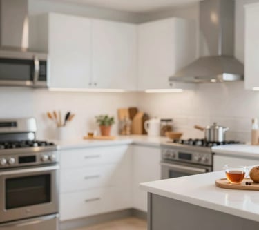 A bright, well-equipped modern kitchen with stainless steel appliances and organized counters, designed for residents to prepare their own tea, coffee, or meals.