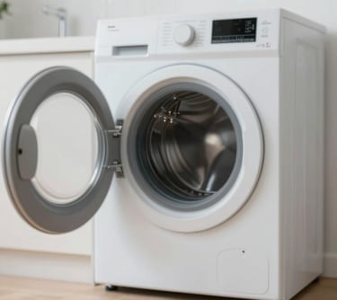 A clean and organized laundry area within the premises, featuring a modern washing machine and bright lighting, emphasizing convenience and hygiene.